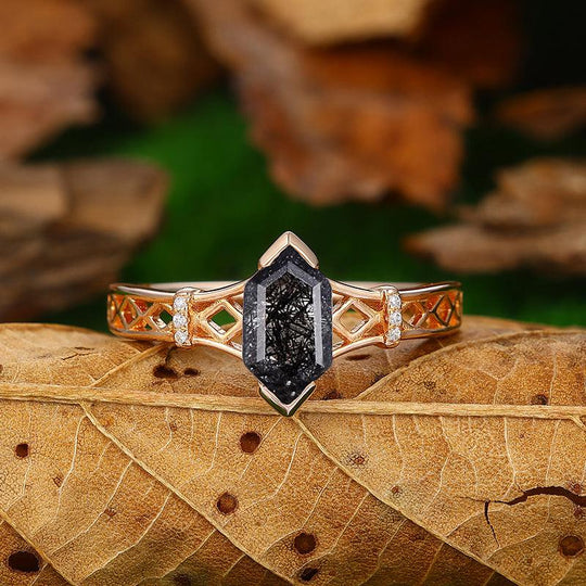 Natural Black Rutilated Quartz Diamond Cluster unique rose gold Promise Ring - Esdomera