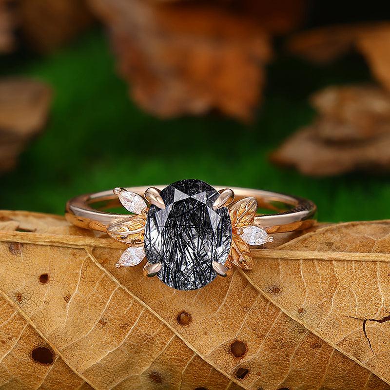 Natural Black Rutilated Quartz Diamond Leaf Ddsign Art Deco Cluster Anniversary In Sliver Gift Ring - Esdomera