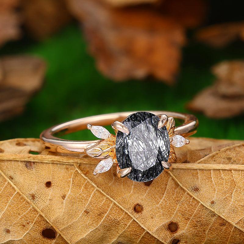 Natural Black Rutilated Quartz Diamond Leaf Ddsign Art Deco Cluster Anniversary In Sliver Gift Ring - Esdomera