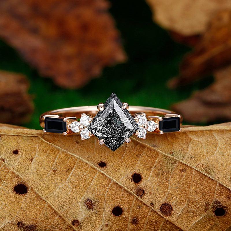 Natural Black Rutilated Quartz Kite Cut Unique Emerald Black Agate Cluster diamond Ring - Esdomera