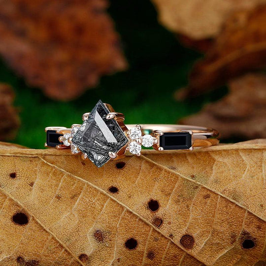 Natural Black Rutilated Quartz Kite Cut Unique Emerald Black Agate Cluster diamond Ring - Esdomera