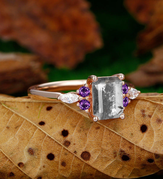 Natural Herkimer Diamond Emerald Cut Rose Gold Grey Amethyst Wedding Ring - Esdomera