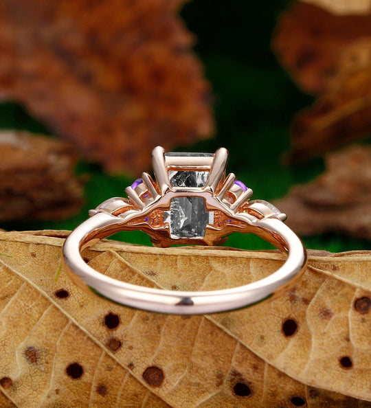 Natural Herkimer Diamond Emerald Cut Rose Gold Grey Amethyst Wedding Ring - Esdomera