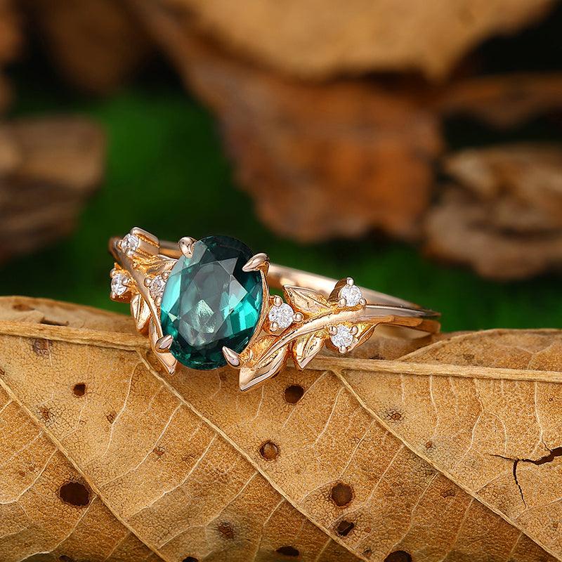 natural Inspired 1.5 CT Oval Cut Emerald Leaf Design Engagement Ring - Esdomera