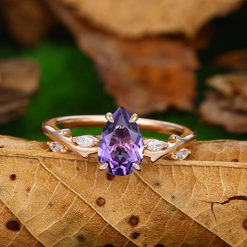 Natural Inspired 1.5 CT Pear Cut Minimalist twig and leaf Purple Amethyst Ring - Esdomera
