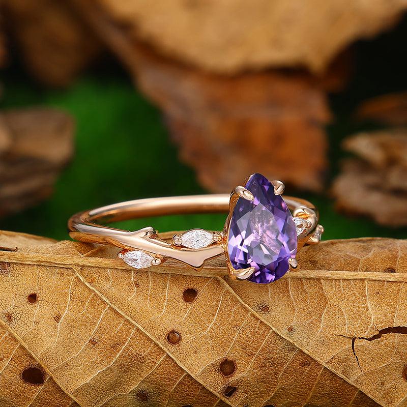 Natural Inspired 1.5 CT Pear Cut Minimalist twig and leaf Purple Amethyst Ring - Esdomera