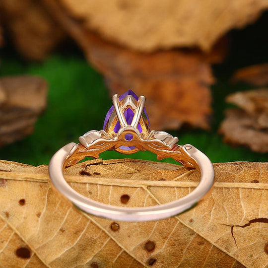 Natural Inspired 1.5 CT Pear Cut Minimalist twig and leaf Purple Amethyst Ring - Esdomera