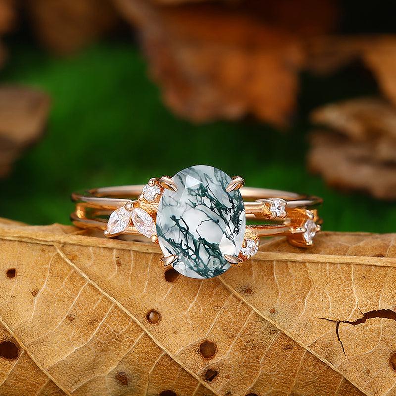 Natural Inspired 14k Gold Oval Shaped Moss Agate Marquise Leaf Ring - Esdomera