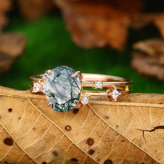 Natural Inspired 14k Gold Oval Shaped Moss Agate Marquise Leaf Ring - Esdomera