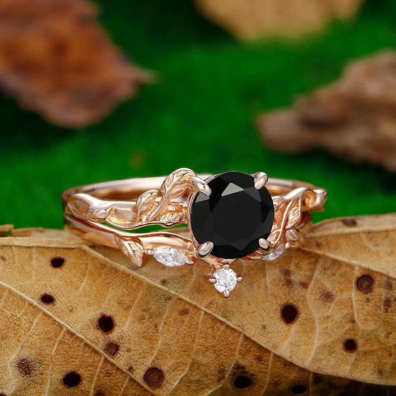 Natural inspired 14k Rose Gold Round Cut Black Onyx Leaf Design Ring Set - Esdomera