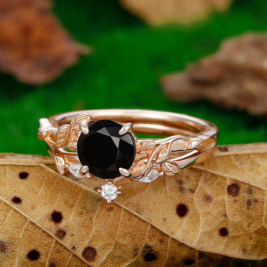Natural inspired 14k Rose Gold Round Cut Black Onyx Leaf Design Ring Set - Esdomera