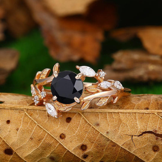 Natural Inspired 14k Rose Gold Round Cut Black Onyx leaf Vines Ring - Esdomera