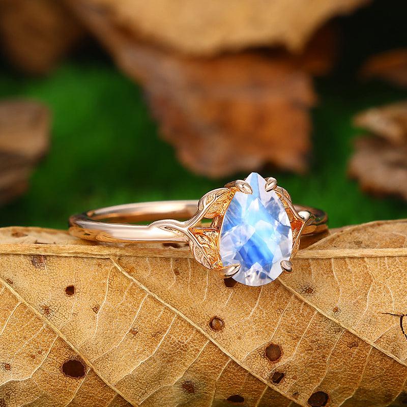 Natural Inspired Leaf Design 14k Gold Pear Cut Blue Moonstone Engagement Ring - Esdomera