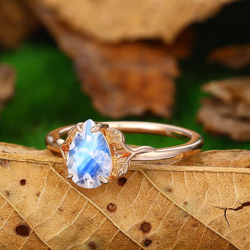 Natural Inspired Leaf Design 14k Gold Pear Cut Blue Moonstone Engagement Ring - Esdomera