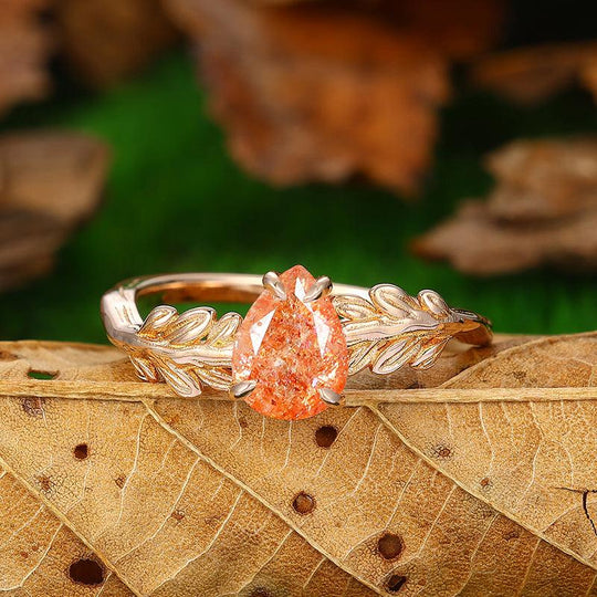 Natural Inspired Pear Cut 14k Rose Gold Orange Sunstone Leaf Vine Design Promise Ring - Esdomera
