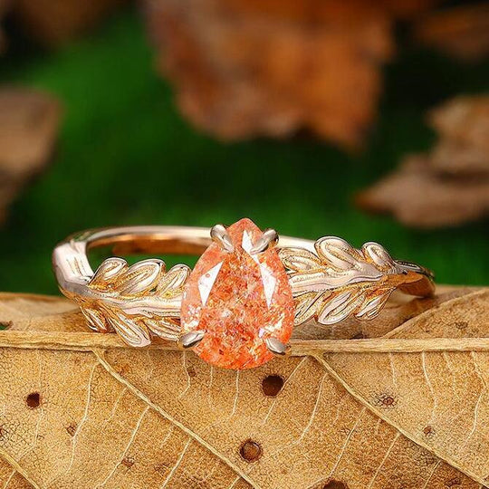 Natural Inspired Pear Cut 14k Rose Gold Orange Sunstone Leaf Vine Design Promise Ring