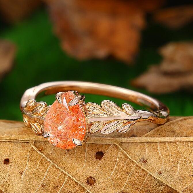 Natural Inspired Pear Cut 14k Rose Gold Orange Sunstone Leaf Vine Design Promise Ring