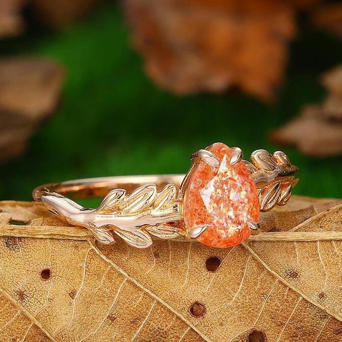 Natural Inspired Pear Cut 14k Rose Gold Orange Sunstone Leaf Vine Design Promise Ring