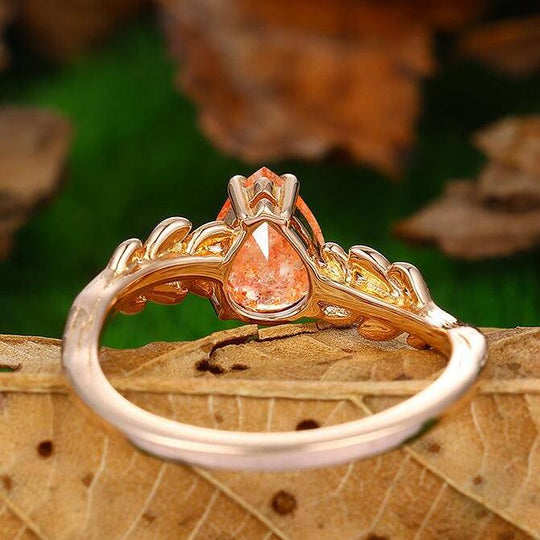 Natural Inspired Pear Cut 14k Rose Gold Orange Sunstone Leaf Vine Design Promise Ring