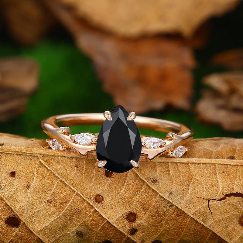 Natural Inspired pear Shaped 14k Rose Gold Black Onyx Leaf Vines and Twig Ring - Esdomera