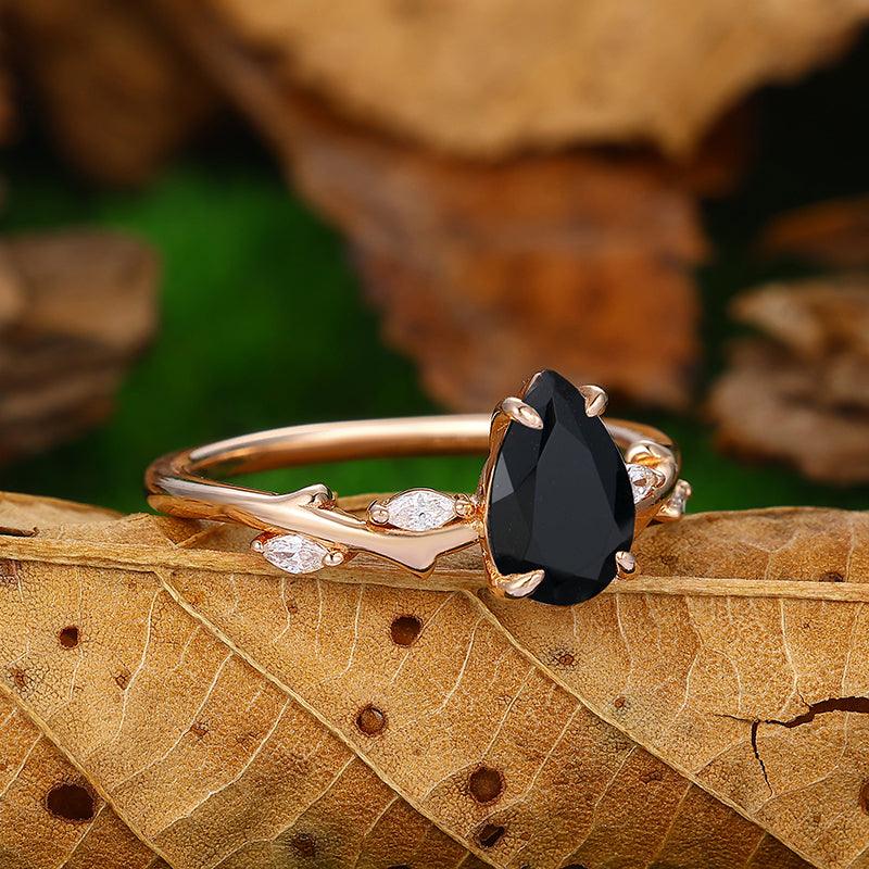 Natural Inspired pear Shaped 14k Rose Gold Black Onyx Leaf Vines and Twig Ring - Esdomera