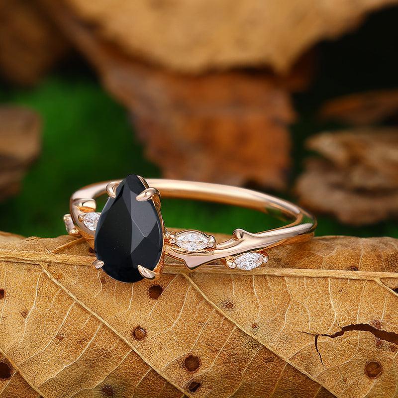 Natural Inspired pear Shaped 14k Rose Gold Black Onyx Leaf Vines and Twig Ring - Esdomera