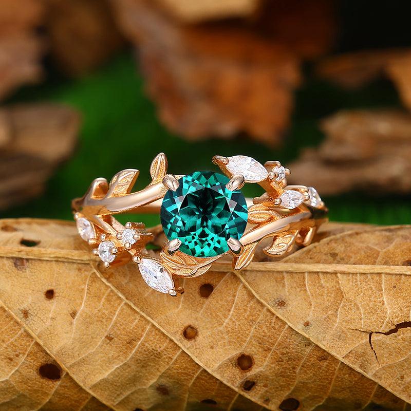 Natural Inspired Round Cut Art Deco Leaf Vines Emerald Bridal Ring - Esdomera