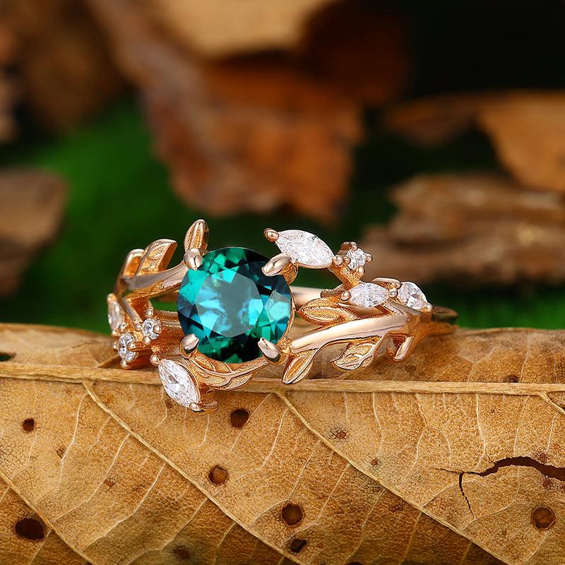Natural Inspired Round Cut Art Deco Leaf Vines Emerald Bridal Ring - Esdomera