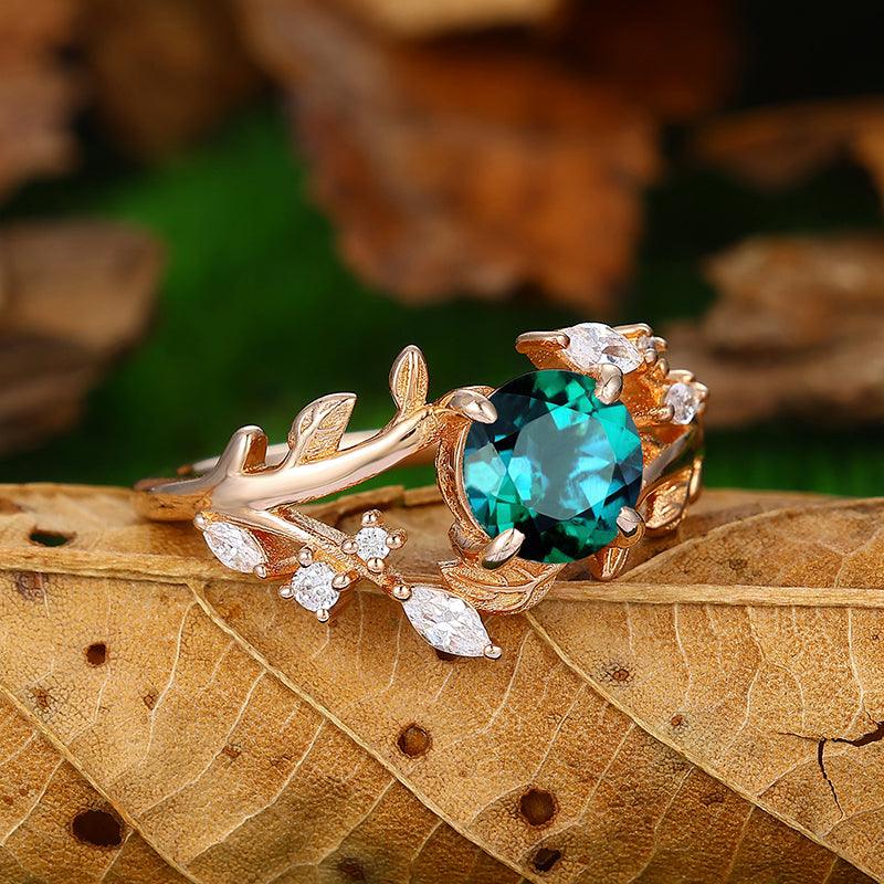 Natural Inspired Round Cut Art Deco Leaf Vines Emerald Bridal Ring