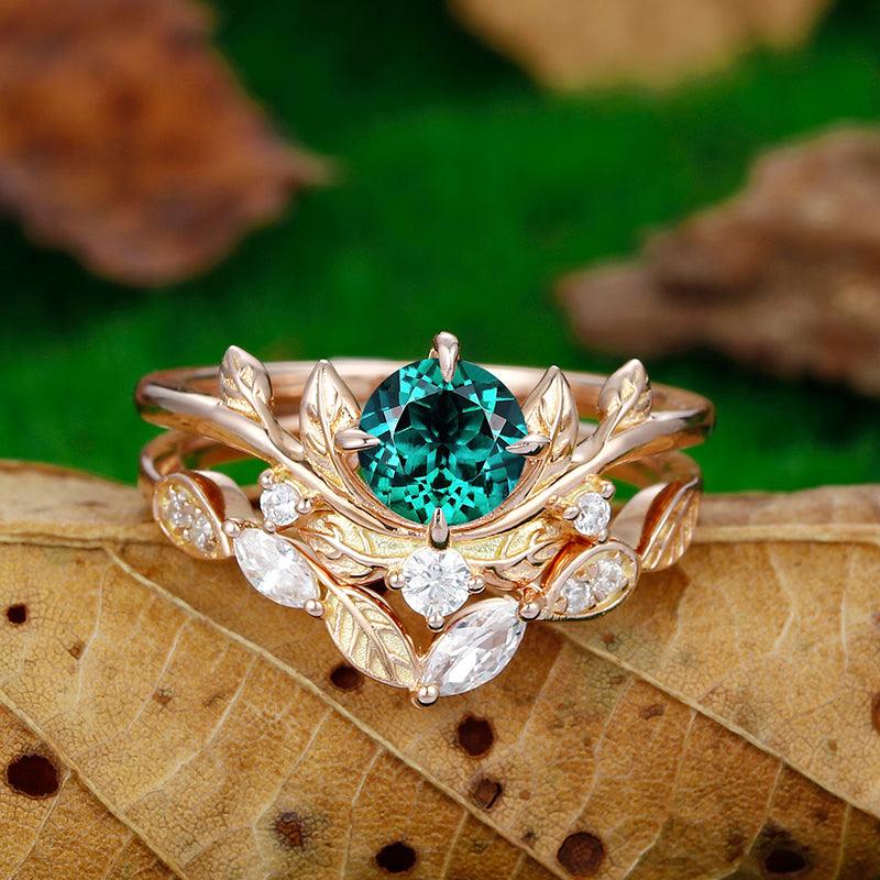 natural Inspired Round Cut Leaf Design Emerald Ring Rose Gold Art Deco Marquise Leaf Band - Esdomera