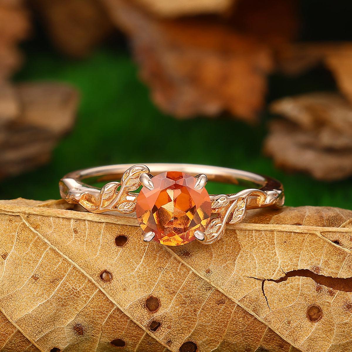 Natural Inspired Round Shaped Art Deco Leaf Design Natural Orange Garnet 10k Gold Ring - Esdomera
