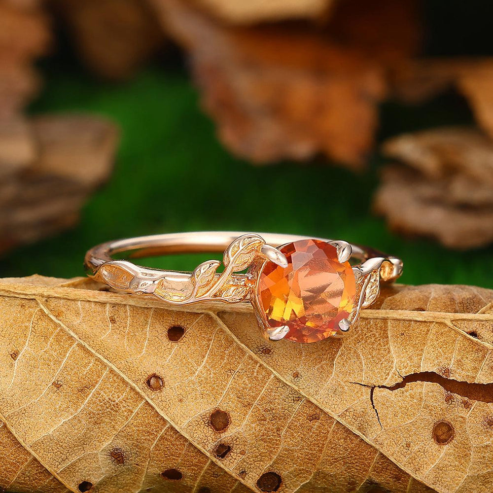 Natural Inspired Round Shaped Art Deco Leaf Design Natural Orange Garnet 10k Gold Ring - Esdomera