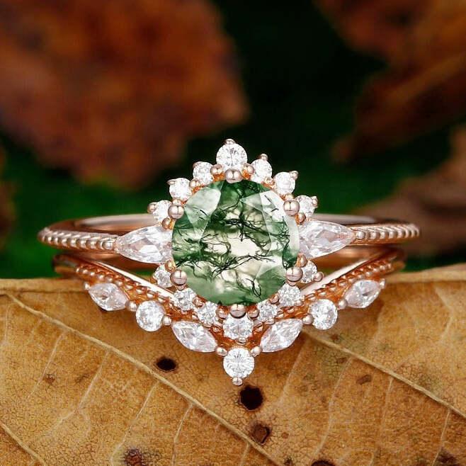 Natural Moss Agate Engagement Ring Set Unique Round Cut Moss Agate Halo Bridal Ring Set -  Esdomera.com