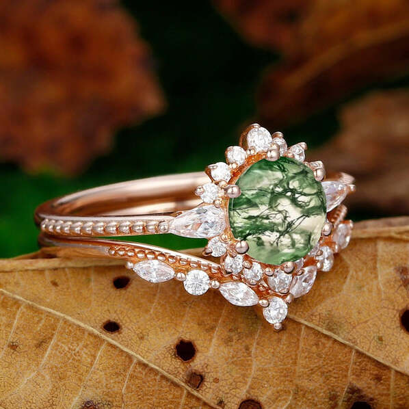 Natural Moss Agate Engagement Ring Set Unique Round Cut Moss Agate Halo Bridal Ring Set