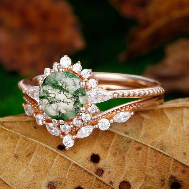 Natural Moss Agate Engagement Ring Set Unique Round Cut Moss Agate Halo Bridal Ring Set