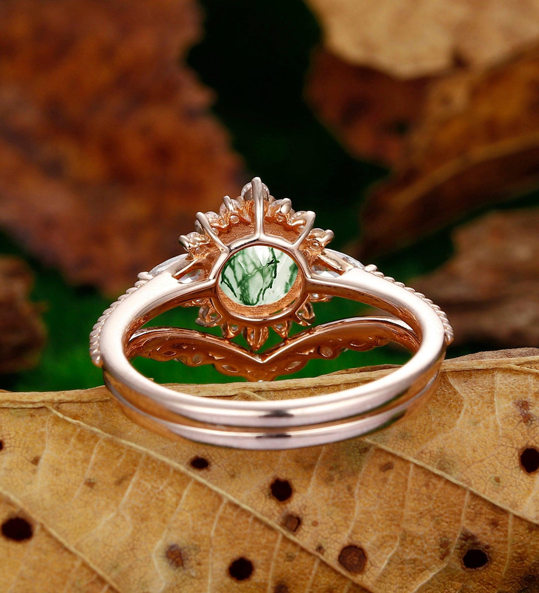 Natural Moss Agate Engagement Ring Set Unique Round Cut Moss Agate Halo Bridal Ring Set - Esdomera