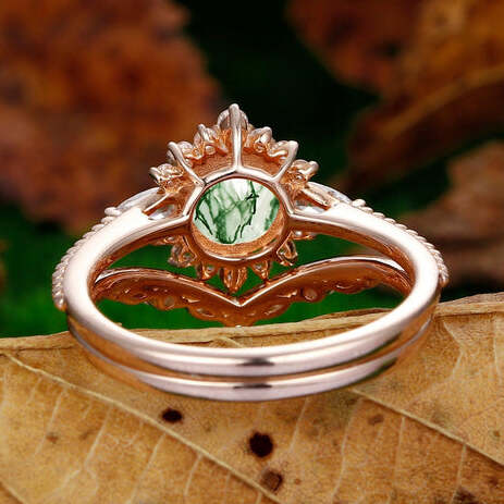 Natural Moss Agate Engagement Ring Set Unique Round Cut Moss Agate Halo Bridal Ring Set