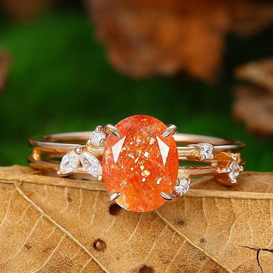 Natural Oval Cut Cluster Sunstone 14k Rose Gold Bridal Anniversary Ring