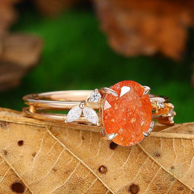 Natural Oval Cut Cluster Sunstone 14k Rose Gold Bridal Anniversary Ring