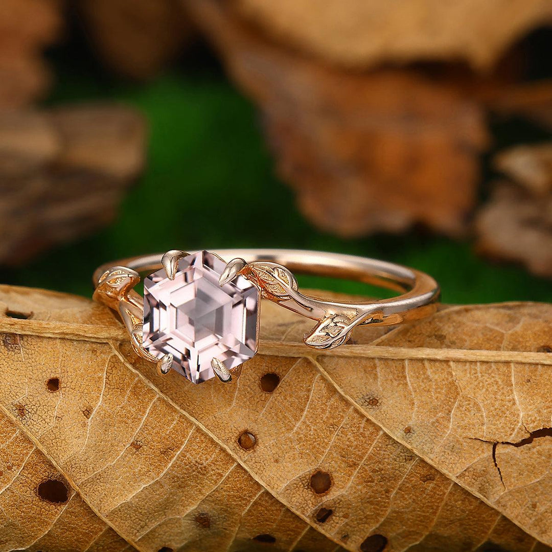 Nature Inpired Leaf Vines Hexagon Shaped Natural Pink Morganite Gold Bridal Ring - Esdomera
