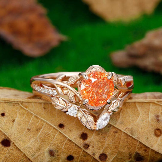 Nature Inspired 1.25CT Round Cut Orange Sunstone Rose Gold branch ring set - Esdomera