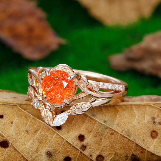 Nature Inspired 1.25CT Round Cut Orange Sunstone Rose Gold branch ring set - Esdomera