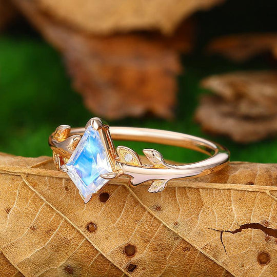 Nature Inspired 1.35 CT Kite Cut Blue Moonstone Leaf Vines Sterling Sliver Solitaire Ring - Esdomera
