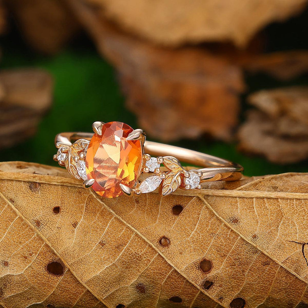 Nature Inspired 1.5 CT Oval Cut Art Deco Leaf Natural Orange Garnet Ring - Esdomera