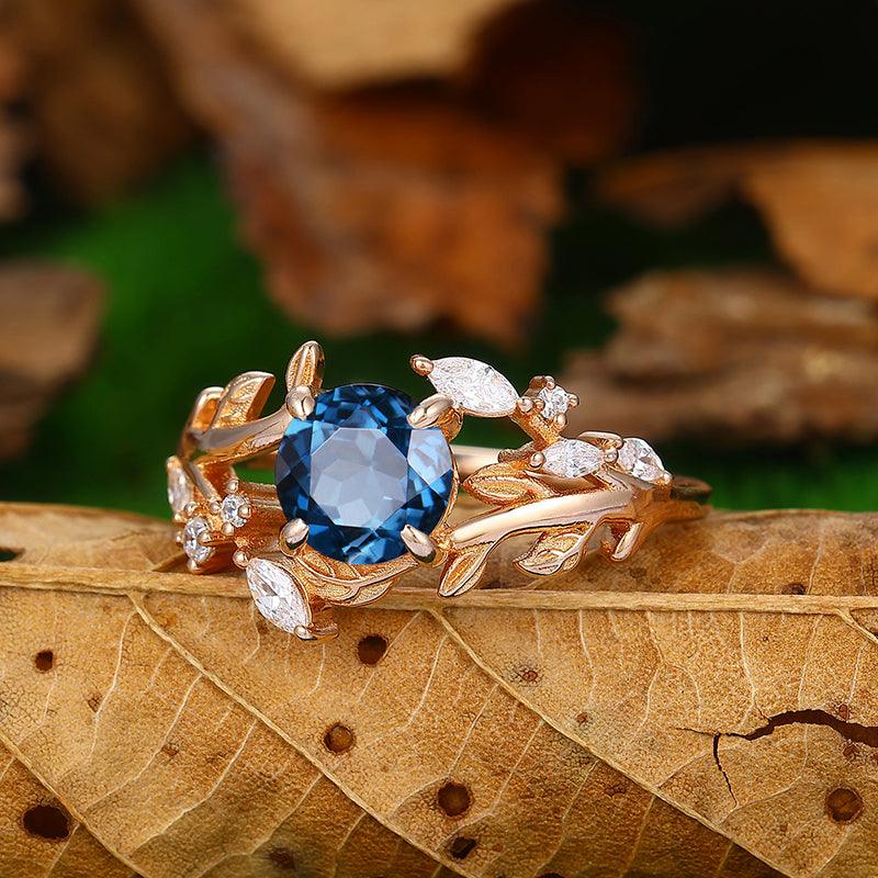 Nature Inspired 14k 18k Rose Gold Round Cut art deco leaf London blue topaz ring - Esdomera