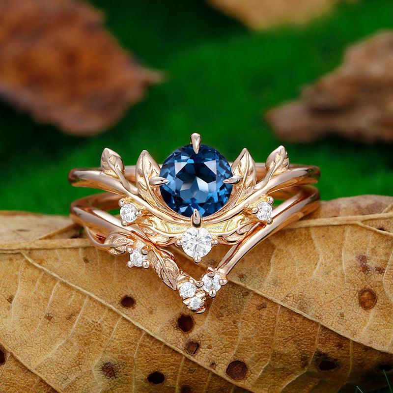 Nature Inspired 14k rose gold London blue topaz Round cut leaf design ring - Esdomera