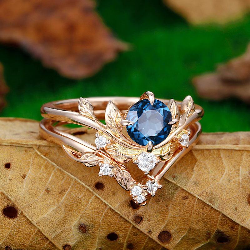 Nature Inspired 14k rose gold London blue topaz Round cut leaf design ring - Esdomera