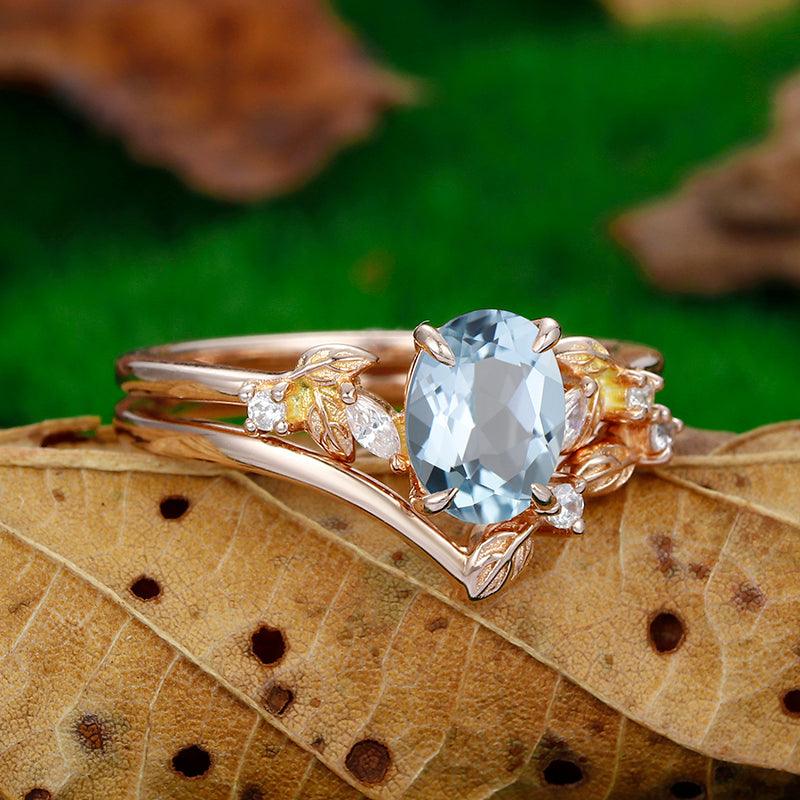 Nature Inspired 14k Solid Rose Gold Aqumarine Art Deco Leaf Stackable Cluster Ring - Esdomera