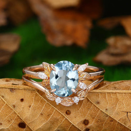 Nature Inspired 2 CT Aquamarine 14k 18k rose gold Art Deco Leaf stackable Engagement Ring - Esdomera
