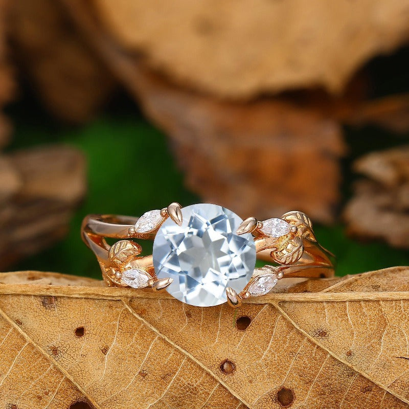 Nature Inspired 2Carat Natural Aquamarine Ring Delicate Leaf Twigs Promise Wedding Ring - Esdomera